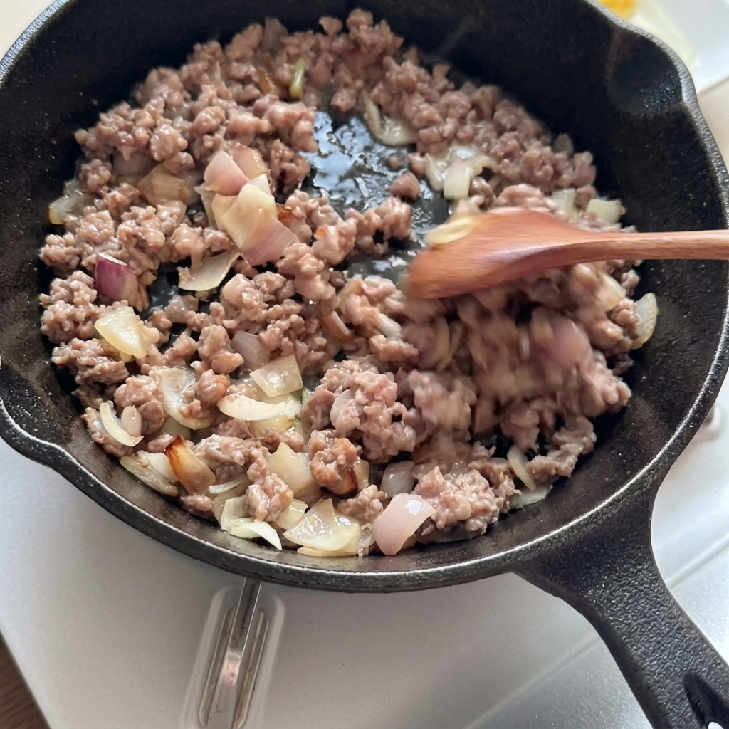 Gebräuntes Rinderhackfleisch und Zwiebeln werden in einer gusseisernen Pfanne vermengt.