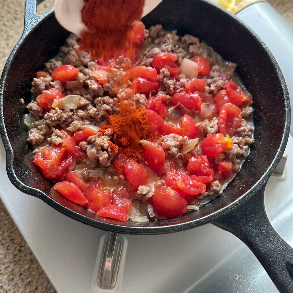 Rotes Paprikapulver wird zu gebräuntem Hackfleisch und gehackten Tomaten in die Pfanne gegeben.