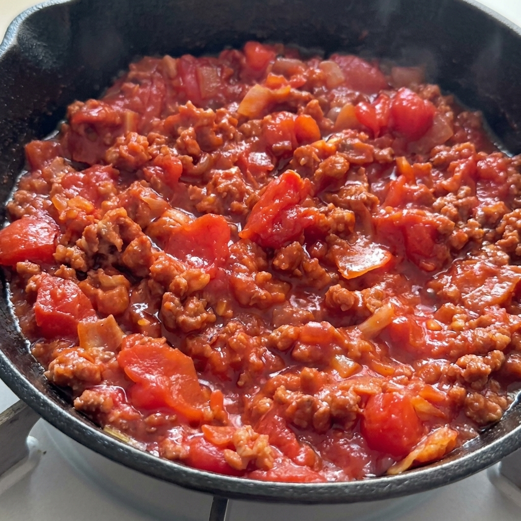Eine dicke, köchelnde rote Tomaten-Hackfleisch-Sauce in einer gusseisernen Pfanne.