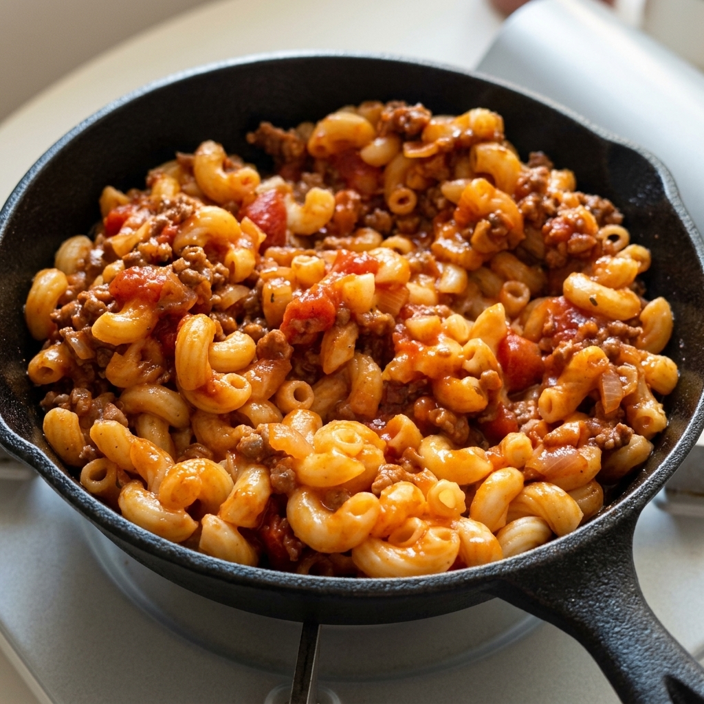 Makkaroni, die vollständig mit der herzhaften Hackfleischsauce überzogen sind, in der Pfanne.