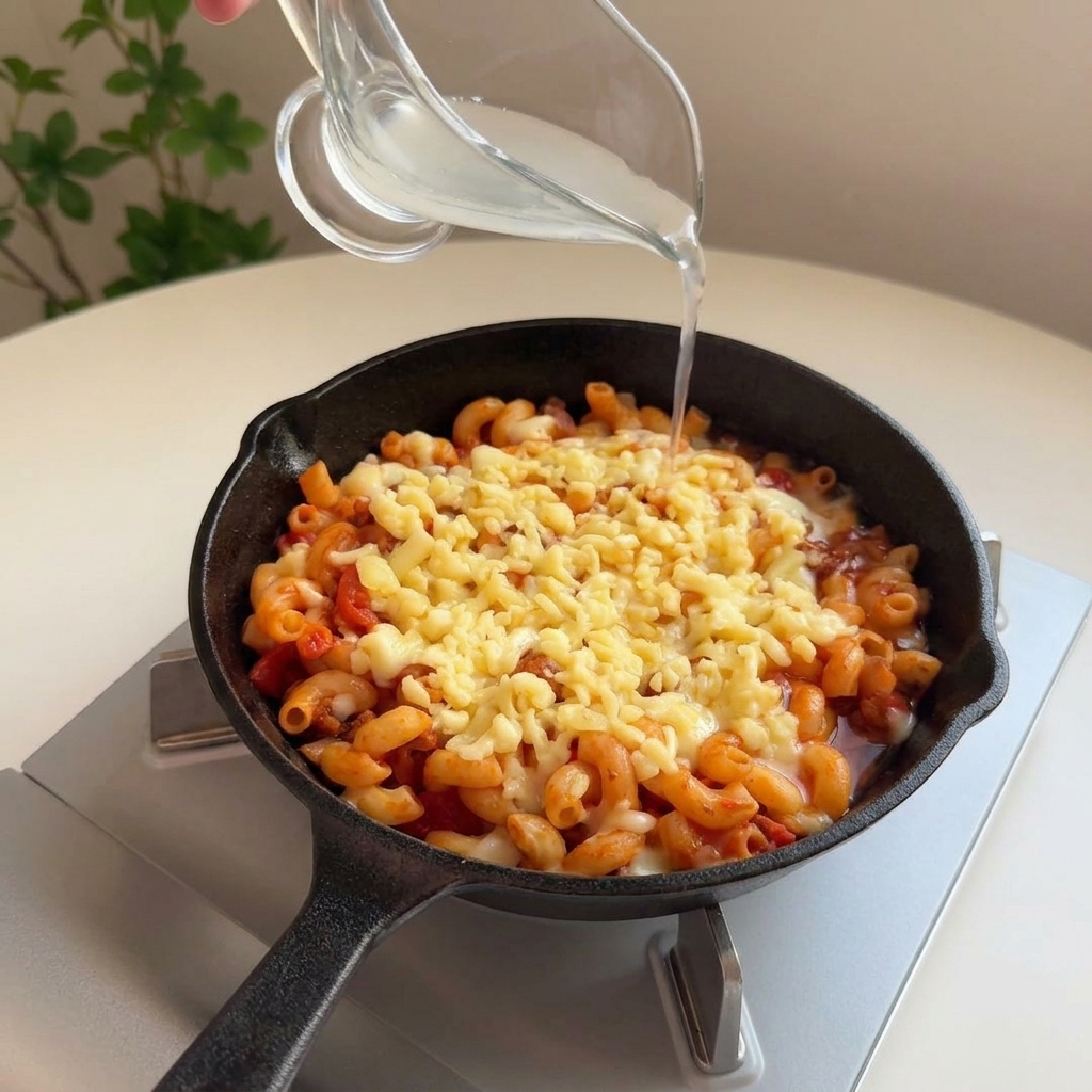 Klares Nudelwasser wird aus einem kleinen Kännchen an den Rand der Pfanne gegossen.