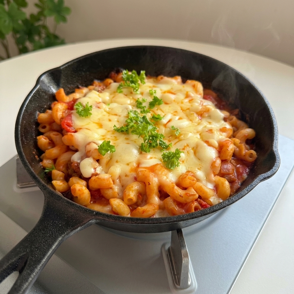 Dampfende Käse-Makkaroni in der Pfanne, garniert mit frischer grüner Petersilie.