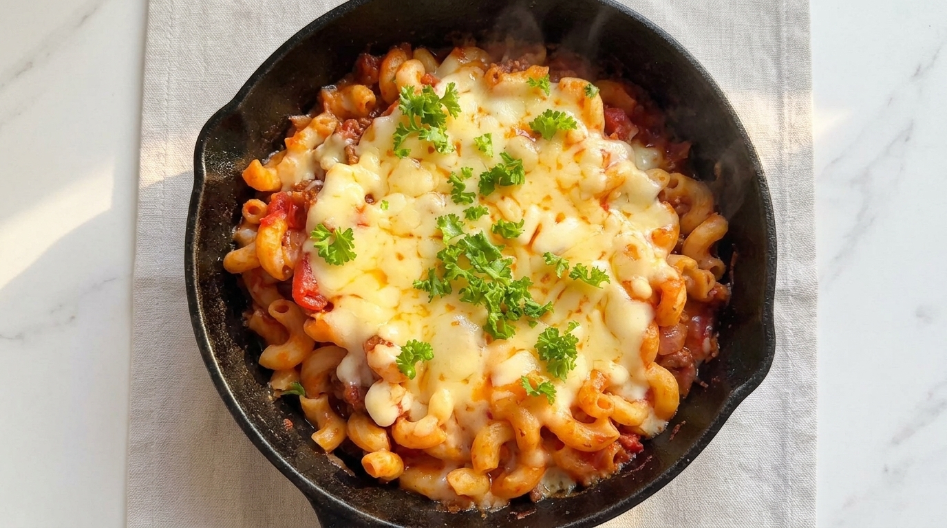 Überbackene Makkaroni mit Tomaten-Hackfleisch-Sauce aus der Pfanne