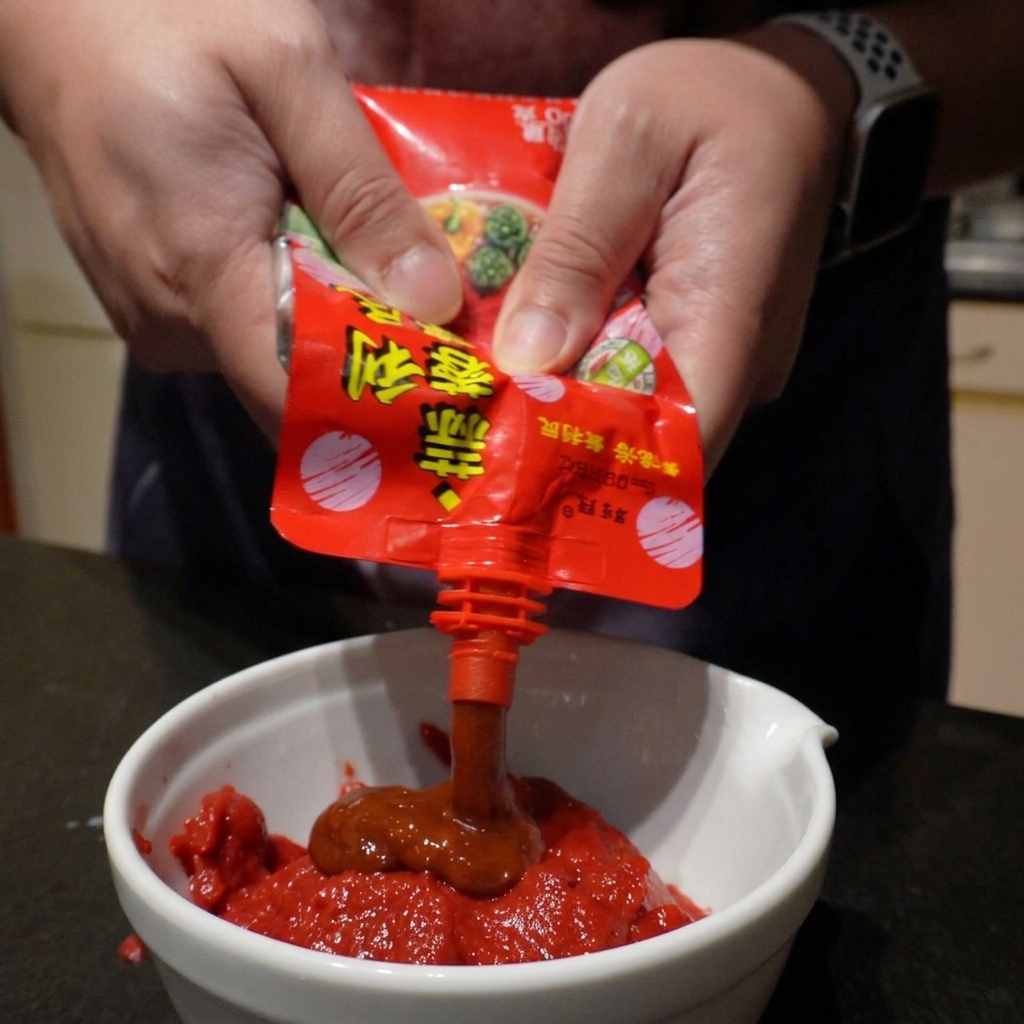 Hände drücken eine Packung roter Knoblauch-Chili-Sauce in eine weiße Schüssel mit dickem Tomatenmark.