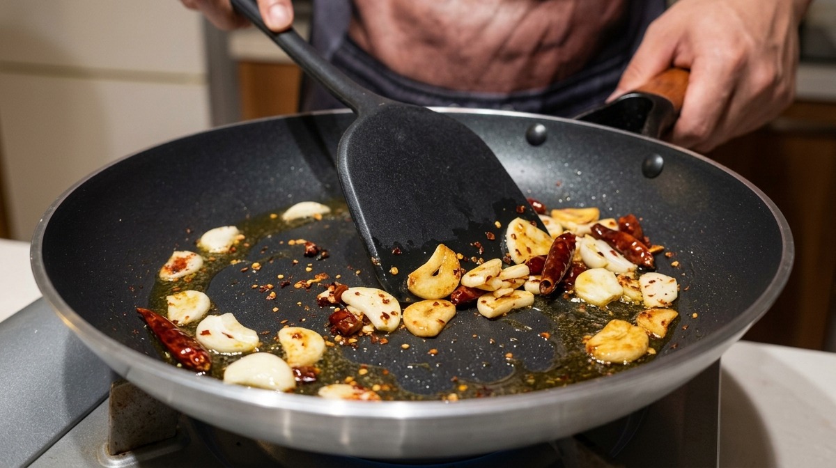 In Scheiben geschnittene Knoblauchzehen und getrocknete rote Chiliflocken brutzeln in Speiseöl in einer schwarzen Pfanne.