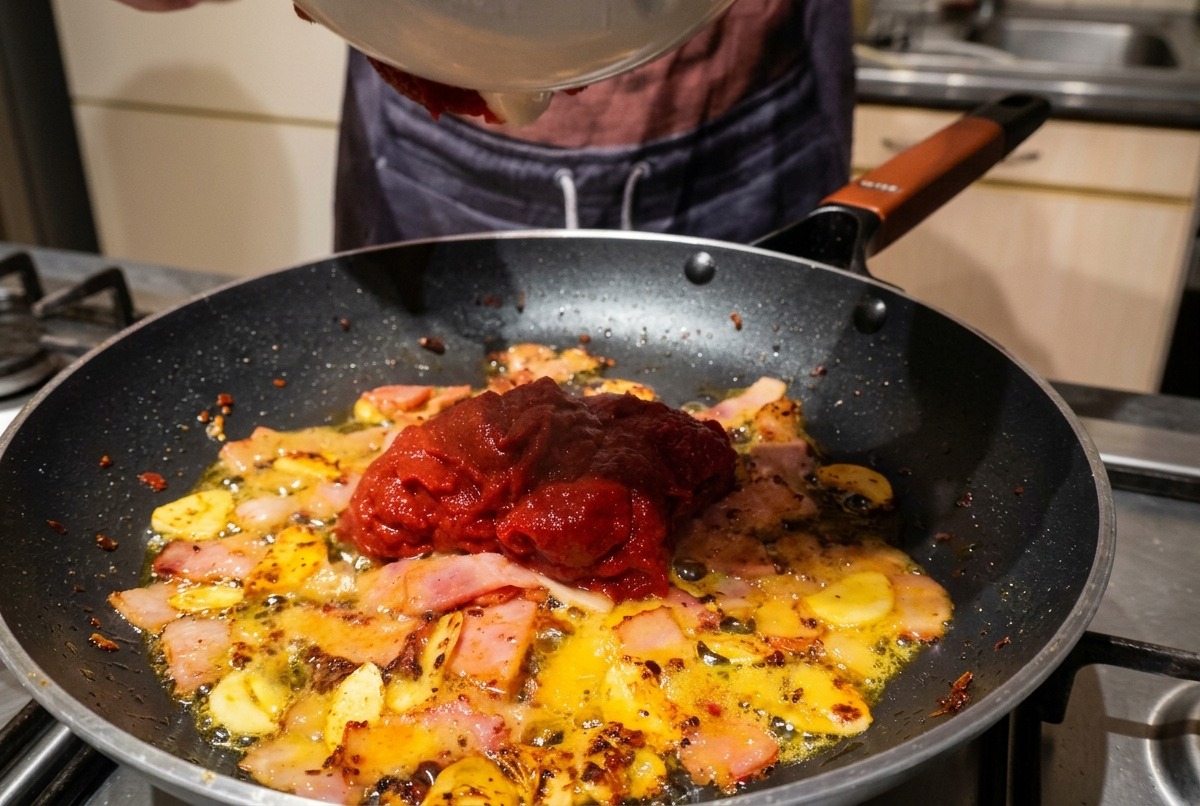 Eine dicke rote Tomaten-Chili-Mischung wird aus einer weißen Schüssel in eine Pfanne mit gebratenem Speck und Knoblauch gegossen.
