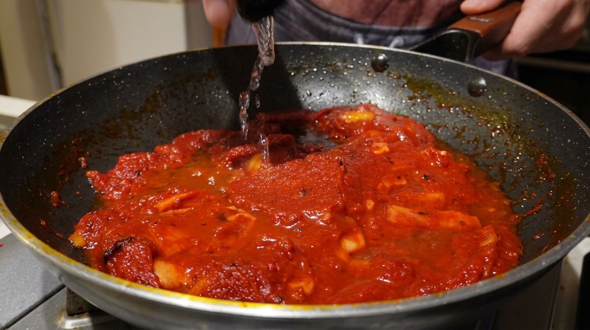 Eine klare Flüssigkeit wird aus einem Messbecher in eine köchelnde rote Tomatensauce in einer dunklen beschichteten Pfanne gegossen.