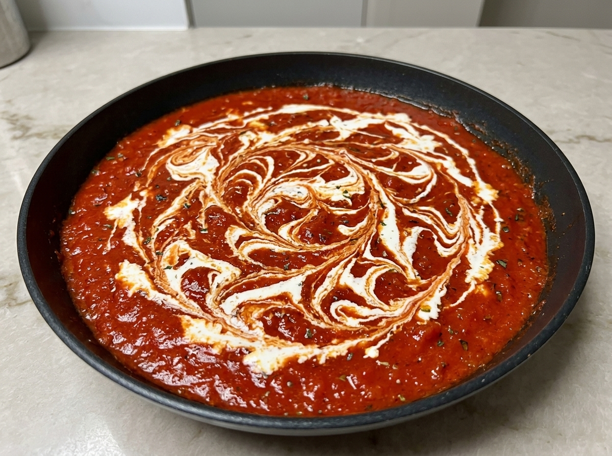 Eine heiße Pfanne gefüllt mit einer sämigen roten Tomatensauce, die wunderschön mit Strudeln weißer Sahne durchzogen ist.