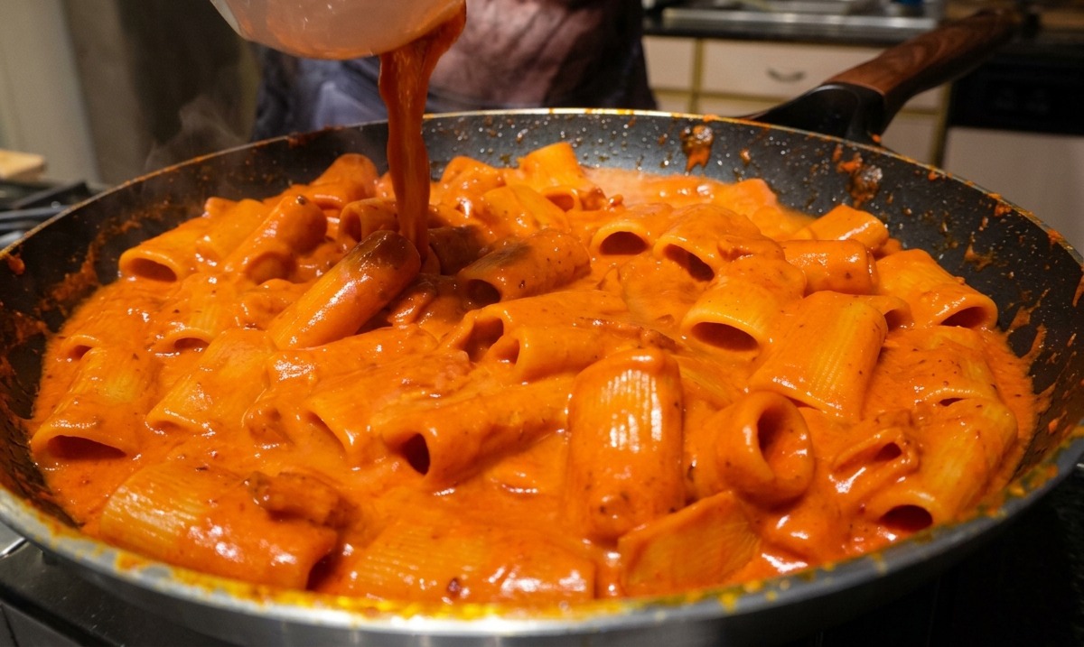 Stärkehaltiges Nudelwasser wird aus einer weißen Schüssel in eine Pfanne mit Rigatoni gegossen, die mit roter Sauce überzogen sind.
