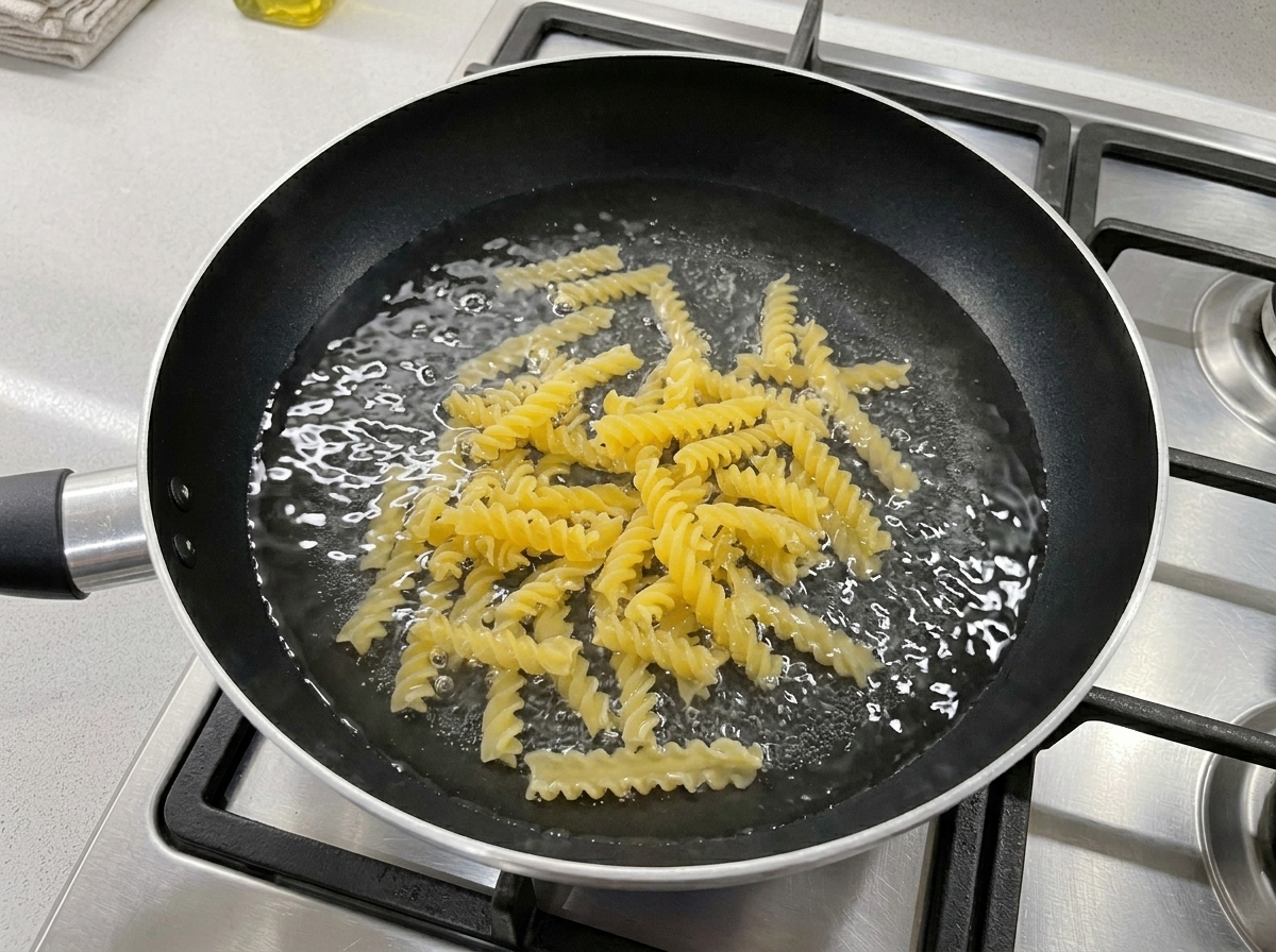 Trockene gelbe Fusilli-Nudeln in einer schwarzen Pfanne auf einem Gasherd, mit kaltem Wasser bedeckt.