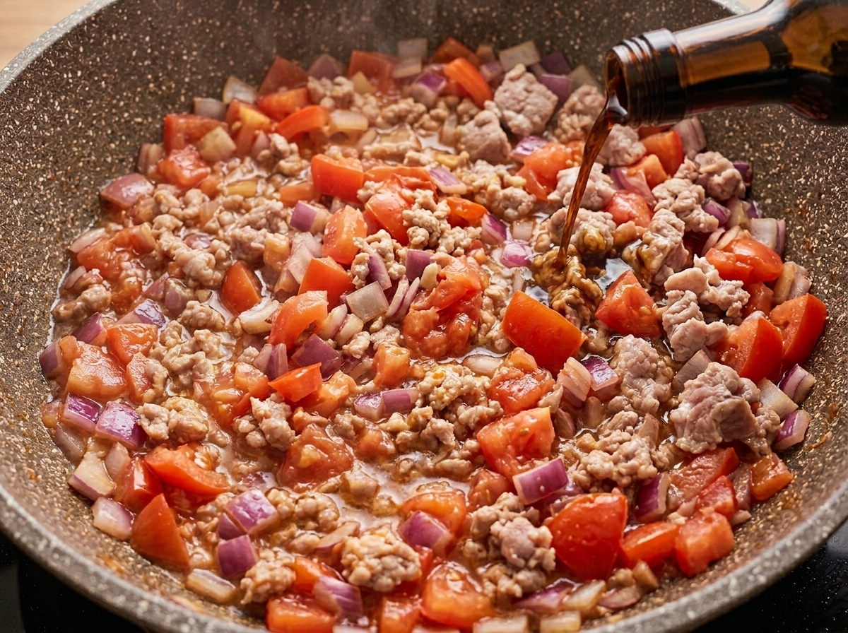 Dunkle Sojasauce wird aus einer Glasflasche in die Pfanne mit Tomaten, Speck und Zwiebeln gegossen.