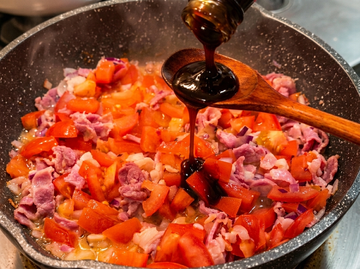 Dickflüssige Austernsauce fließt aus einer Flasche auf einen Holzlöffel über der brodelnden Tomatensauce.