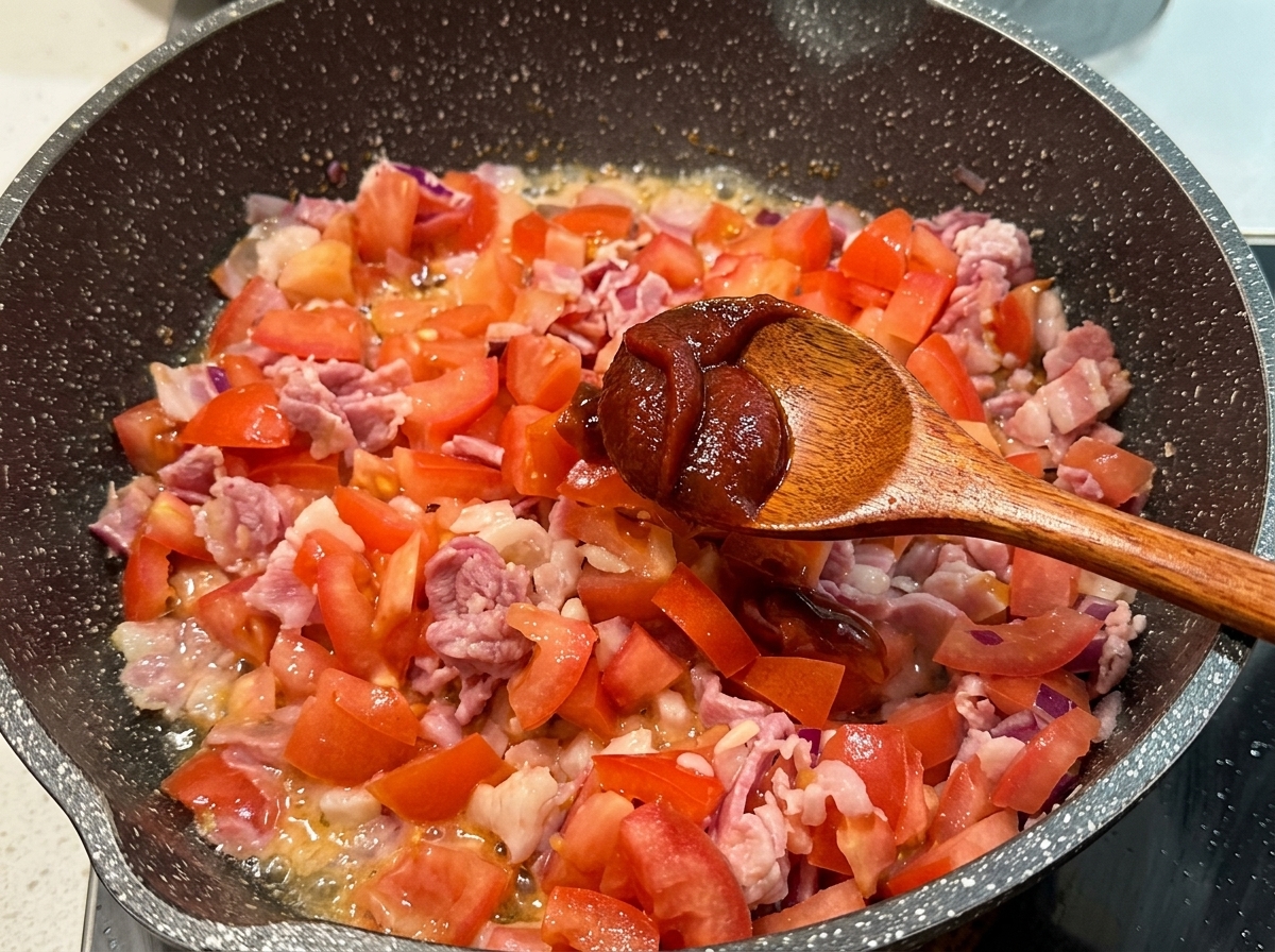 Ein Holzlöffel gibt Ketchup in die Pfanne mit der köchelnden Sauce aus Tomaten, Speck und Zwiebeln.