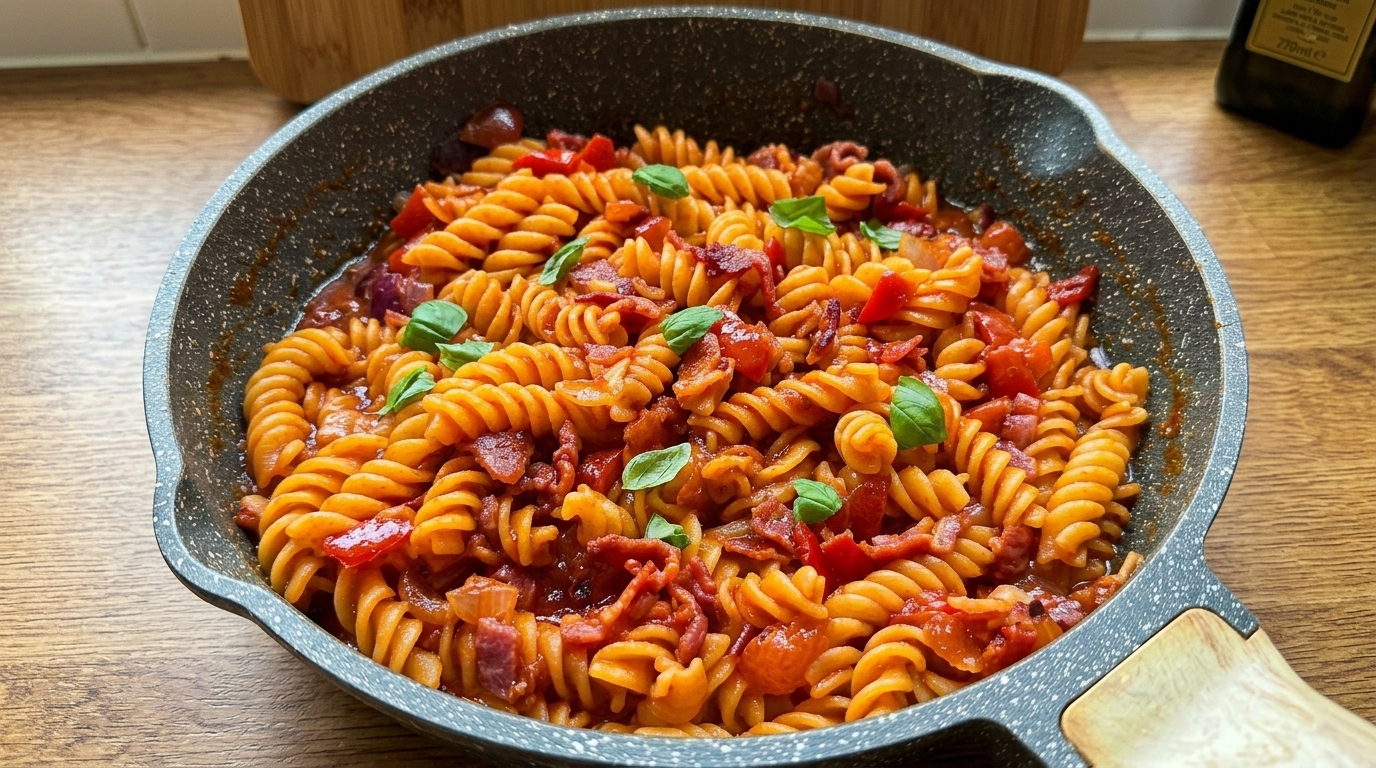 Süß-saure Fusilli mit Tomaten und Speck