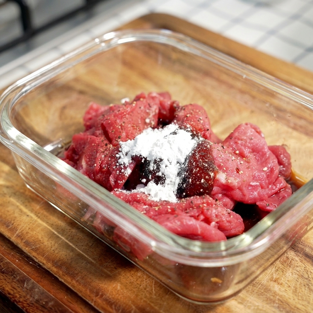 Rohes Rindfleisch in einer Glasschüssel mit Speisestärke und dunkler Marinade.