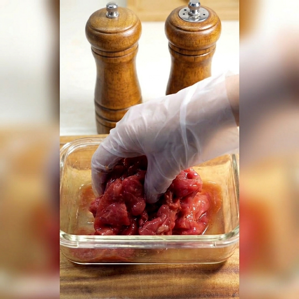 Rindfleischstreifen werden von Hand gründlich mit der dunklen Marinade vermischt.