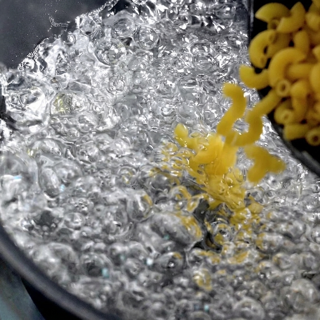 Gelbe Makkaroni werden in einen Topf mit sprudelnd kochendem Wasser gegeben.