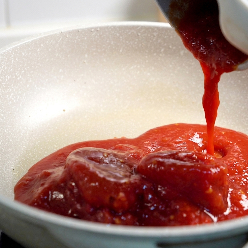 Rotes Tomatenmark wird zu den stückigen Tomaten in die Pfanne gegeben.