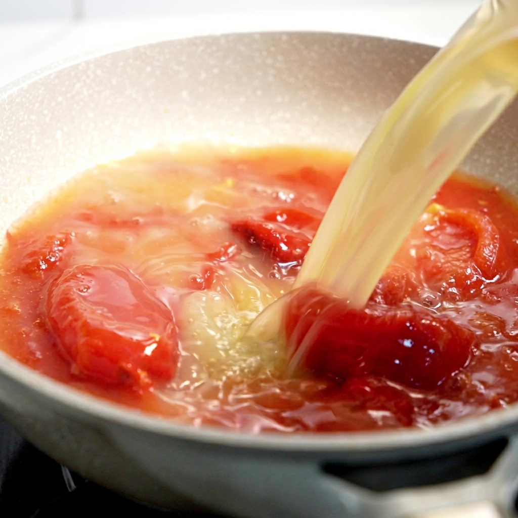 Helle Brühe wird in die köchelnde rote Tomatenmischung gegossen.