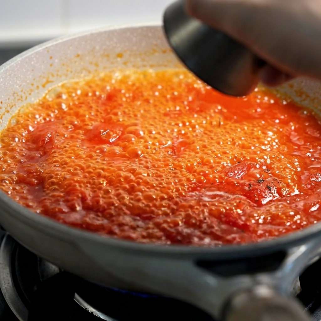 Eine tiefrote Tomatensauce köchelt blubbernd in der Pfanne.