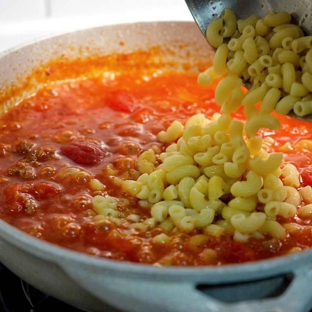 Makkaroni werden aus einem Sieb in die köchelnde Tomaten-Fleisch-Sauce gegeben.