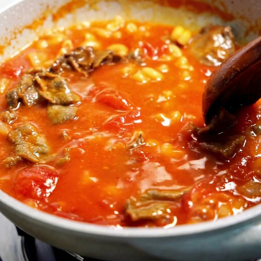 Ein Kochlöffel rührt die fertigen Makkaroni mit Rindfleisch in der dicken Sauce um.