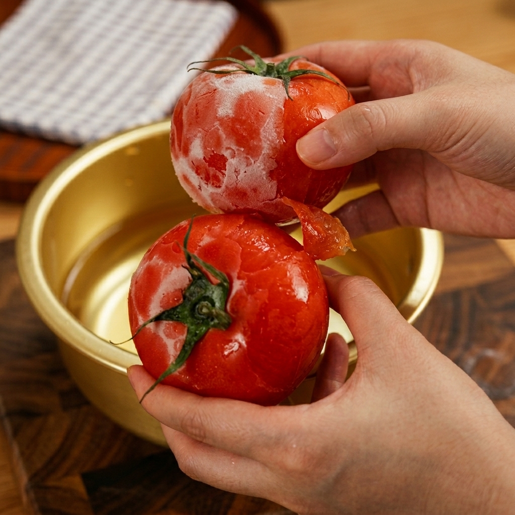 Hände legen gefrorene Tomaten in eine Schale mit kaltem Wasser.