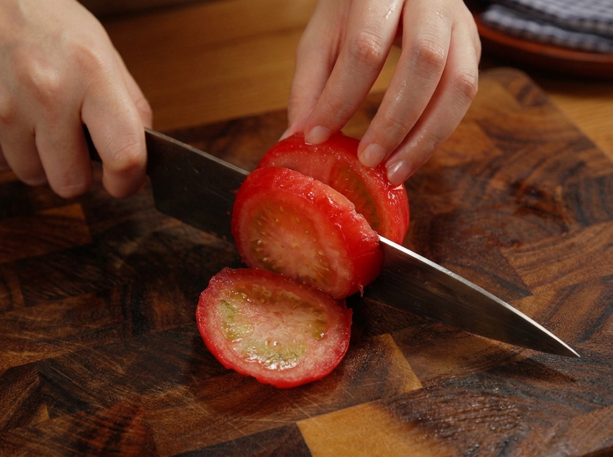Hände schneiden eine gehäutete Tomate in dicke Scheiben auf einem Holzbrett.