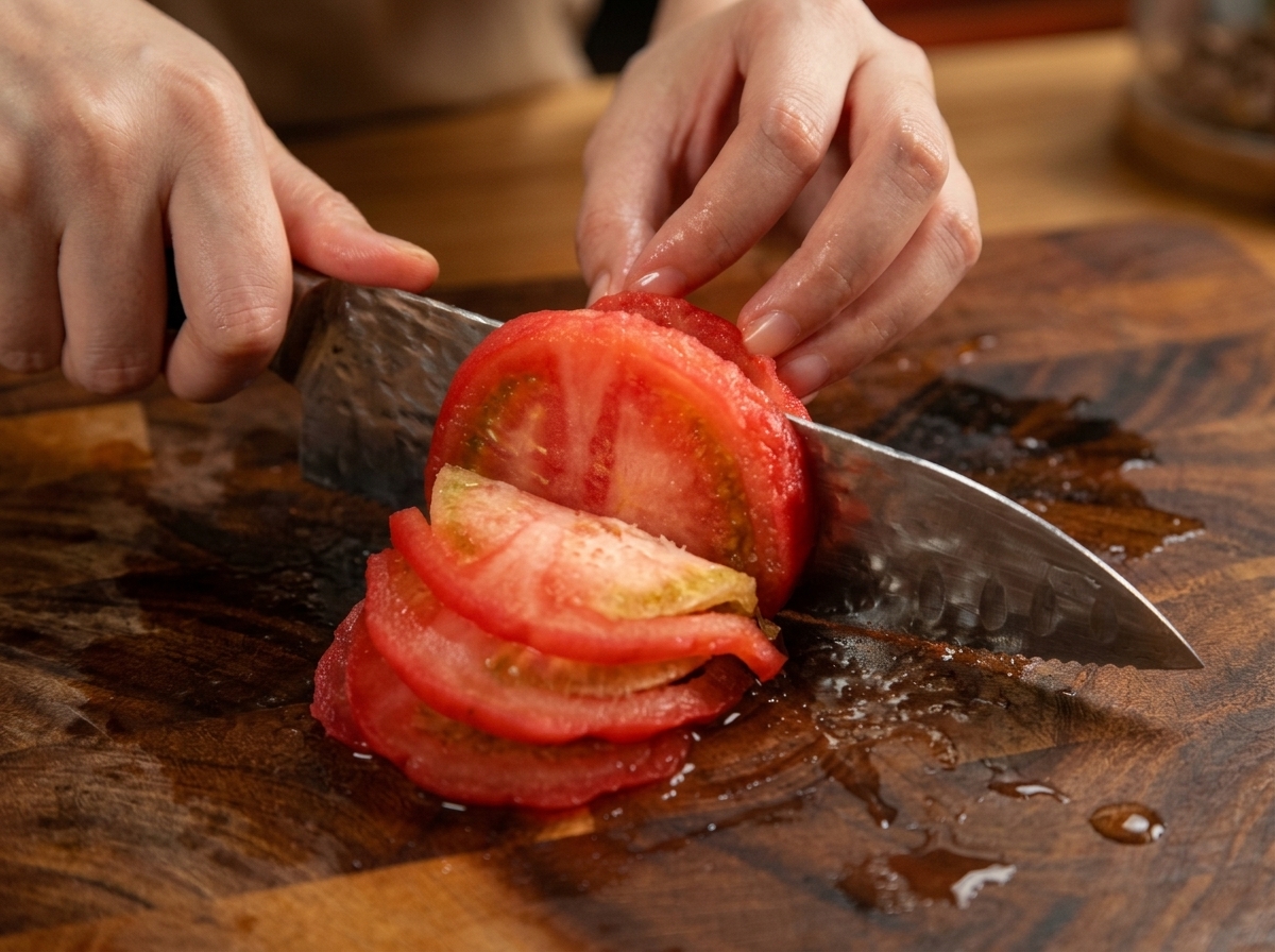 Tomatenscheiben werden mit einem Messer in kleine Würfel geschnitten.