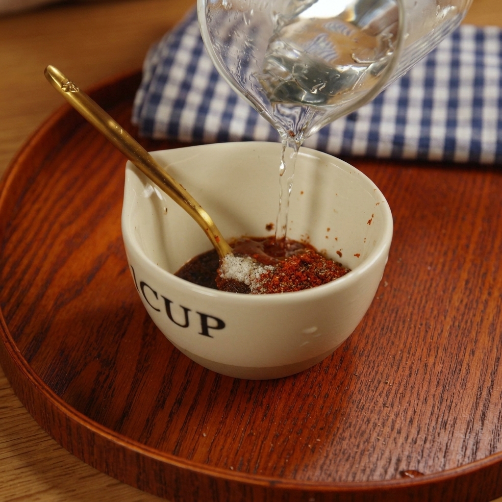 Wasser wird in eine Schale mit Gewürzen und Chilipaste gegossen.