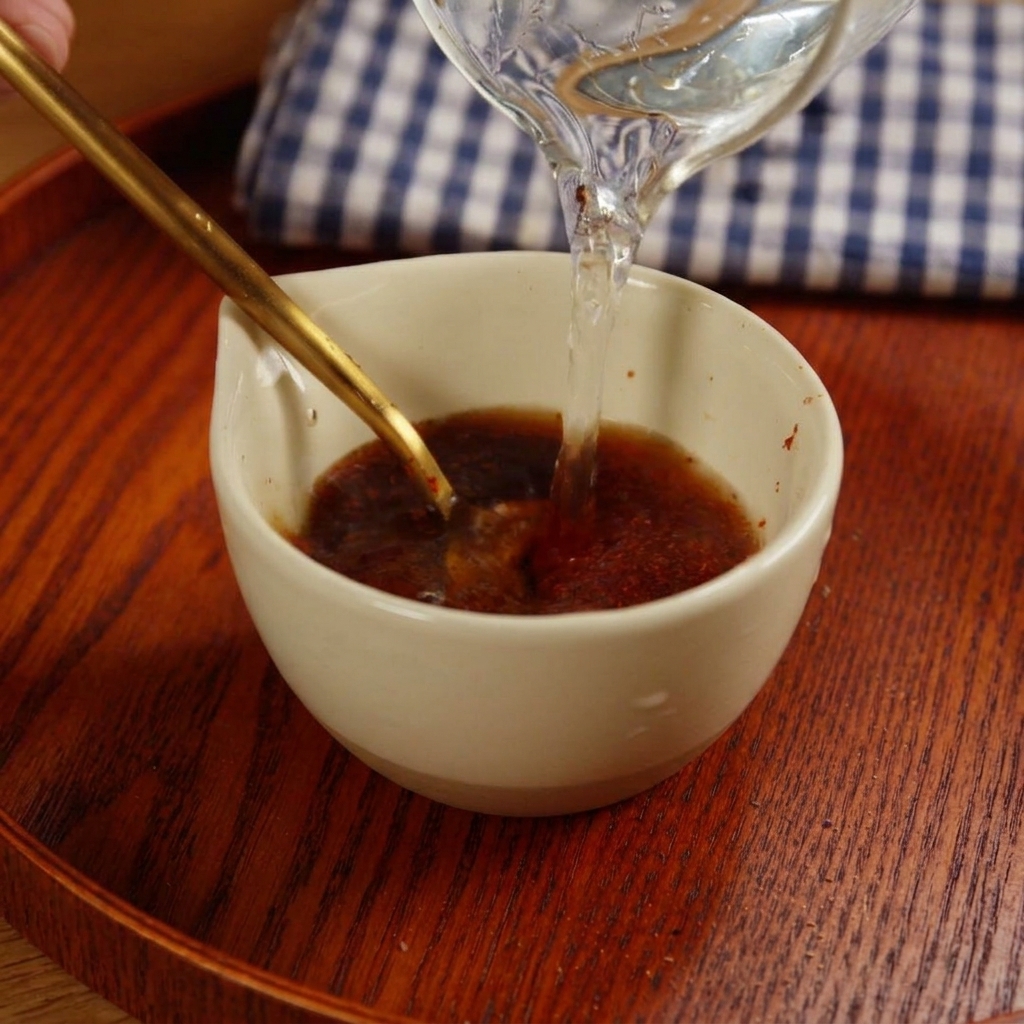 Die rote Gewürzmischung wird mit Wasser zu einer glatten Sauce verrührt.