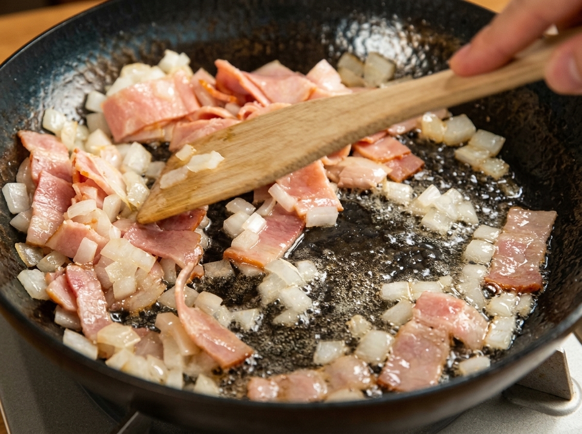 Ein Pfannenwender mischt Speck und Zwiebeln in der heißen Pfanne.