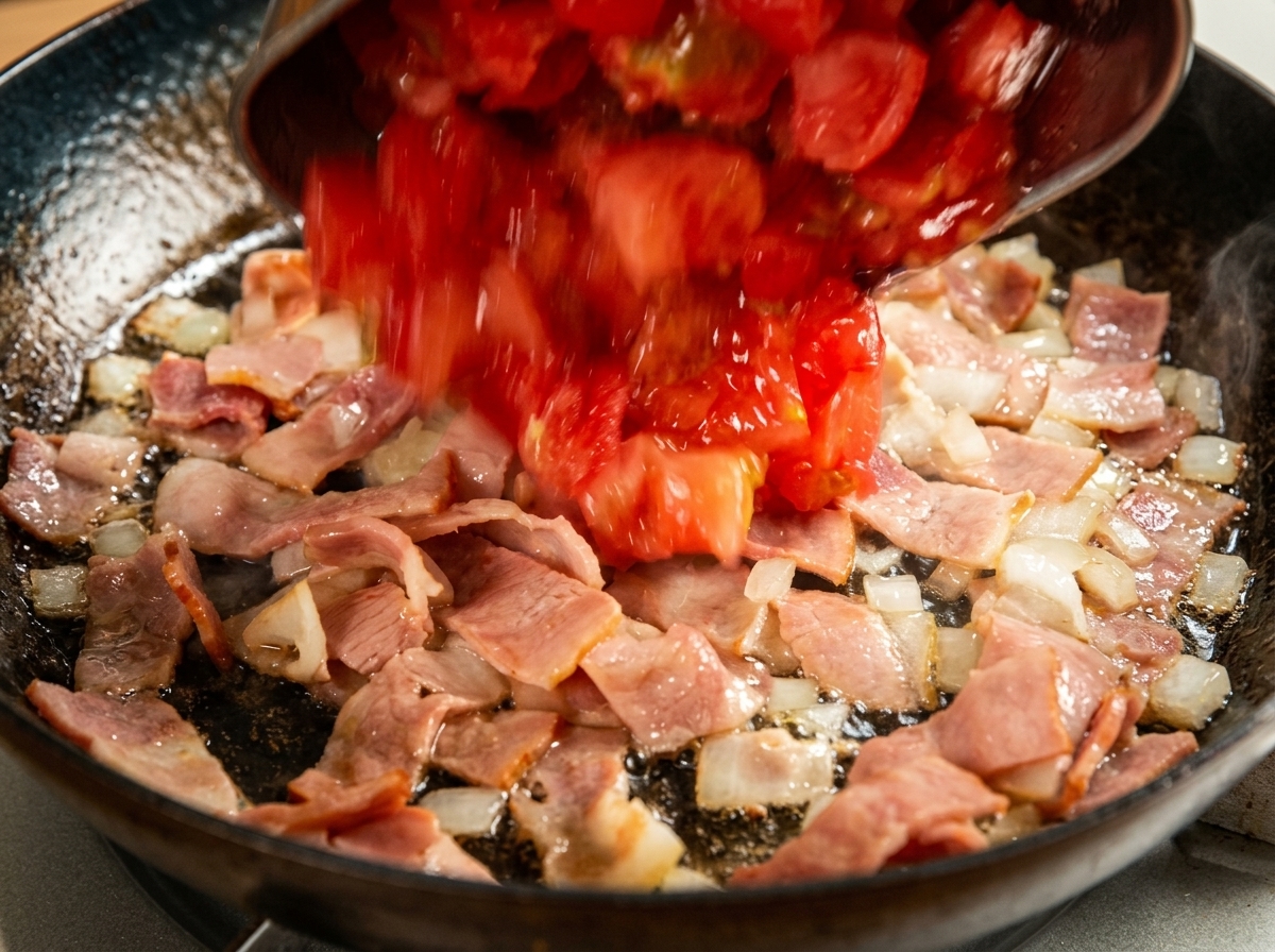 Tomatenwürfel werden zu Speck und Zwiebeln in die Pfanne gegeben.