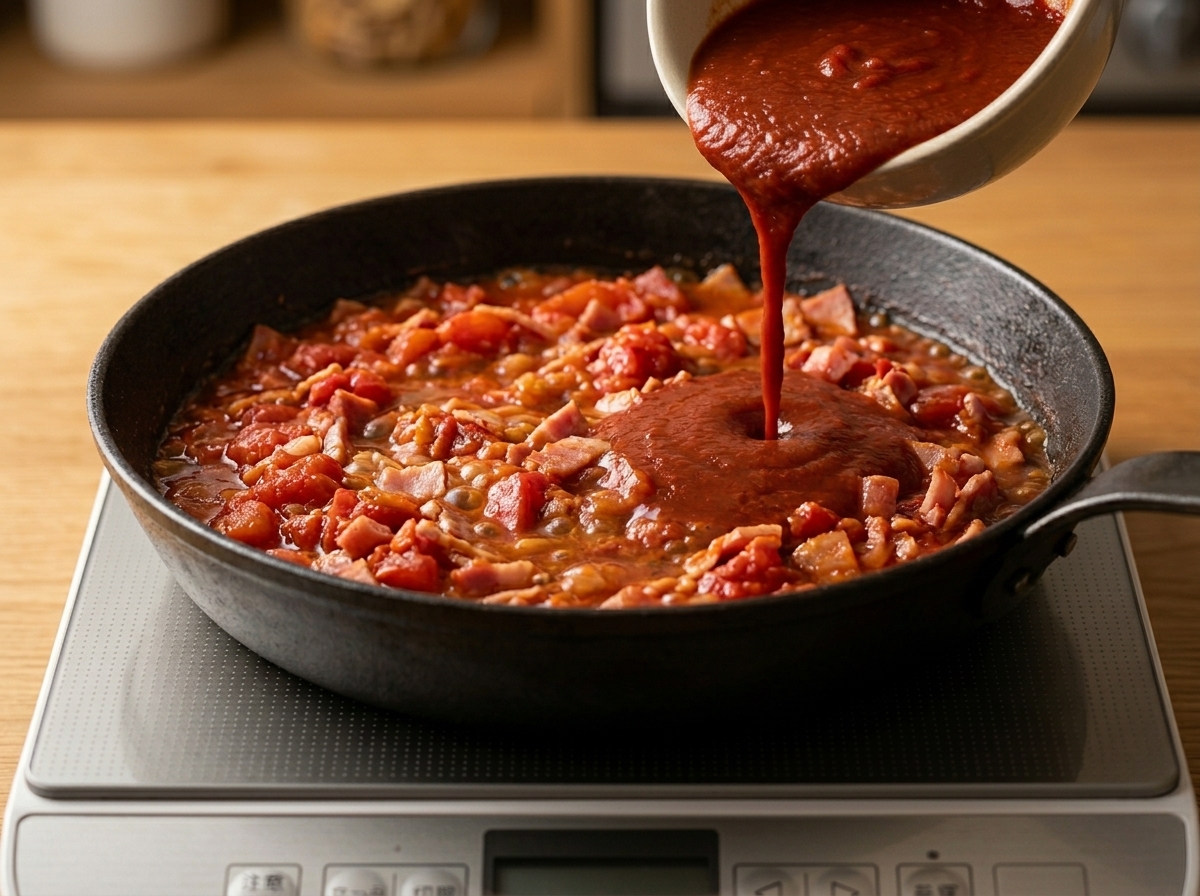 Die rote Sauce wird über die Tomaten-Speck-Mischung in der Pfanne gegossen.
