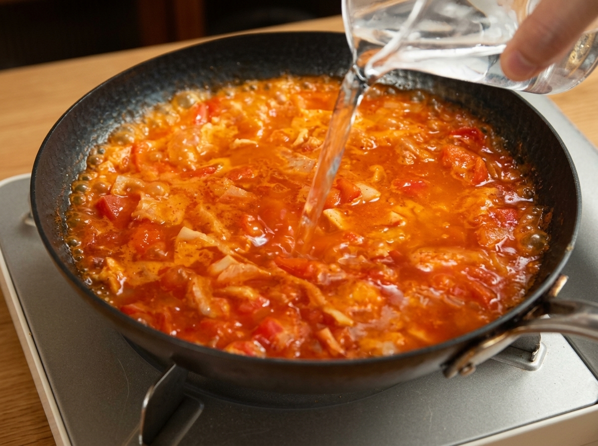 Ein wenig Wasser wird in die brodelnde Tomatensauce gegossen.