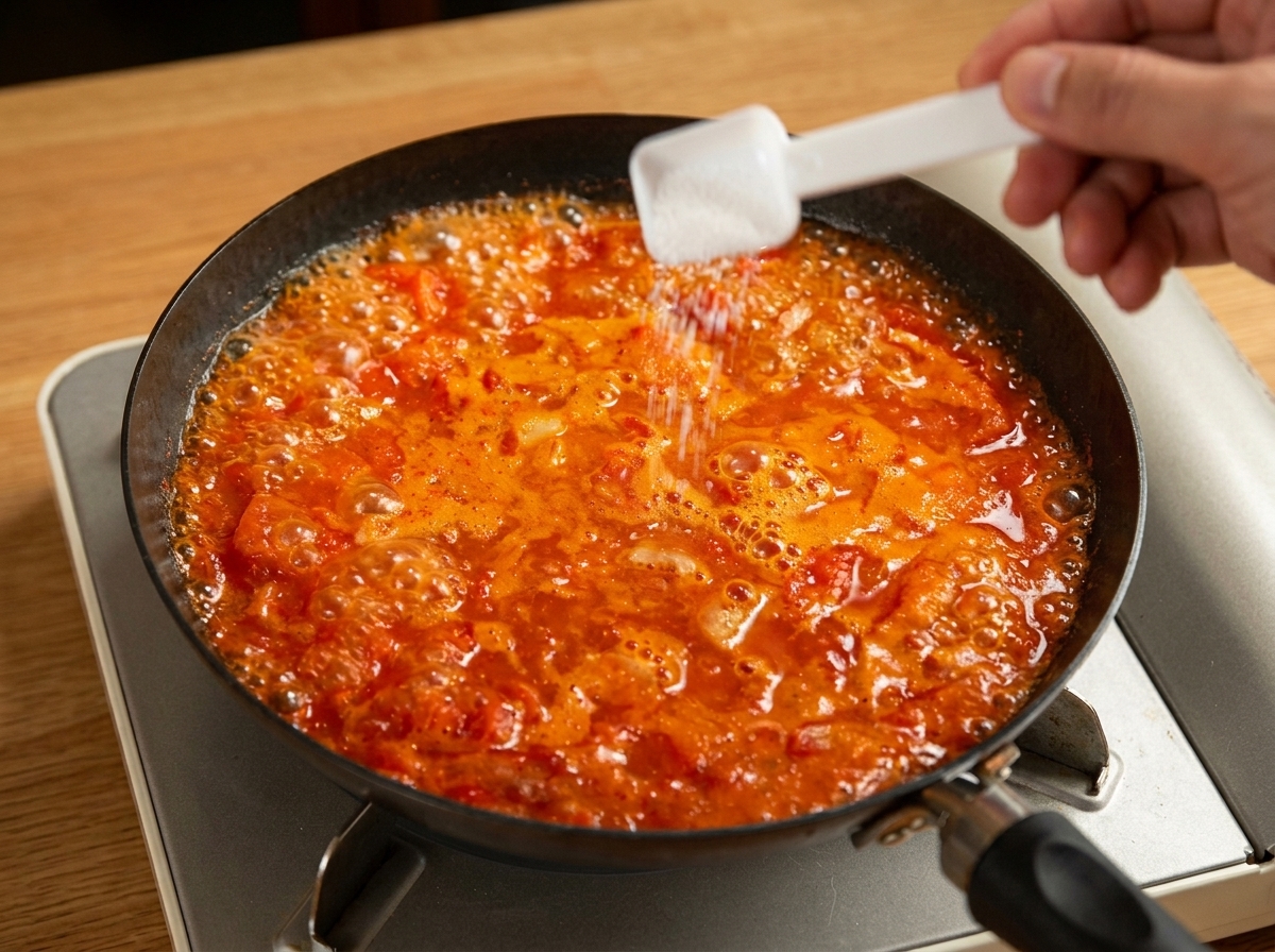 Eine Hand gibt eine Prise Salz in die köchelnde rote Sauce.