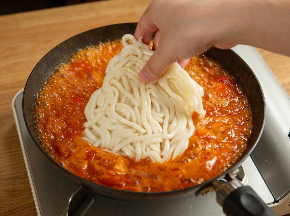 Udon-Nudeln werden in die rote Sauce gelegt und mit Käse bestreut.