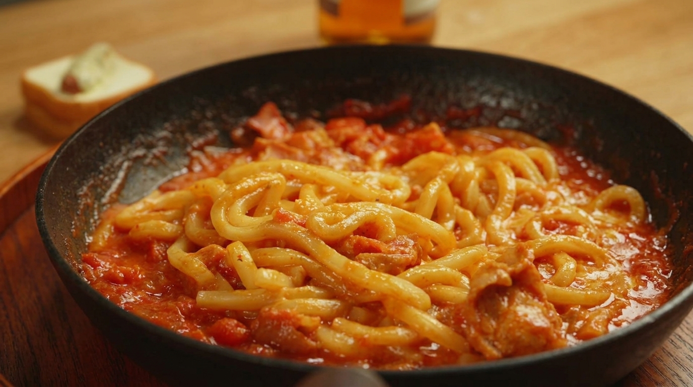 Cremige Tomaten-Speck-Udon mit geschmolzenem Käse, serviert in einer heißen Pfanne.