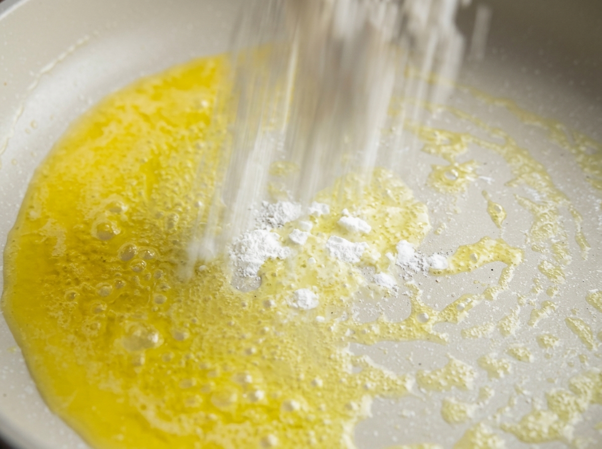 Weißes Stärkepulver wird in die geschmolzene Butter in der Pfanne gestreut.
