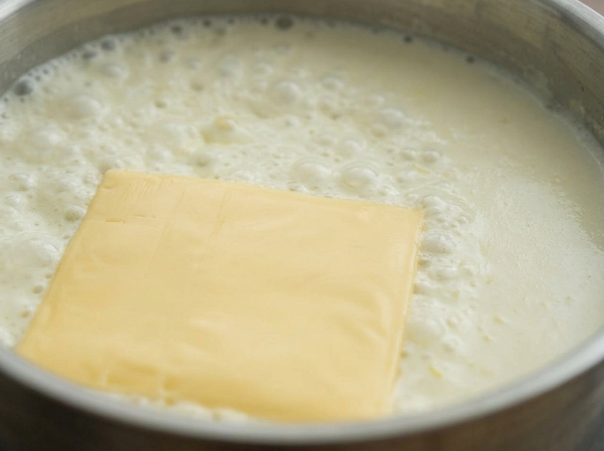 Eine Scheibe gelber Käse schmilzt in der weißen Milch-Sauce in der Pfanne.