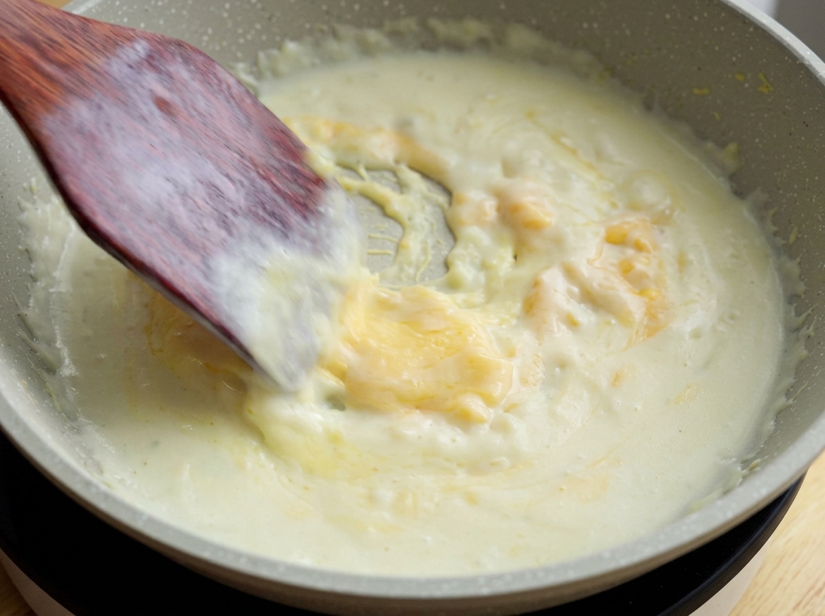 Ein Pfannenwender rührt halb geschmolzenen Käse in die cremige Flüssigkeit.