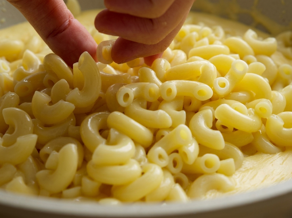 Gekochte Makkaroni werden vorsichtig in die Pfanne mit der Käsesauce gegeben.