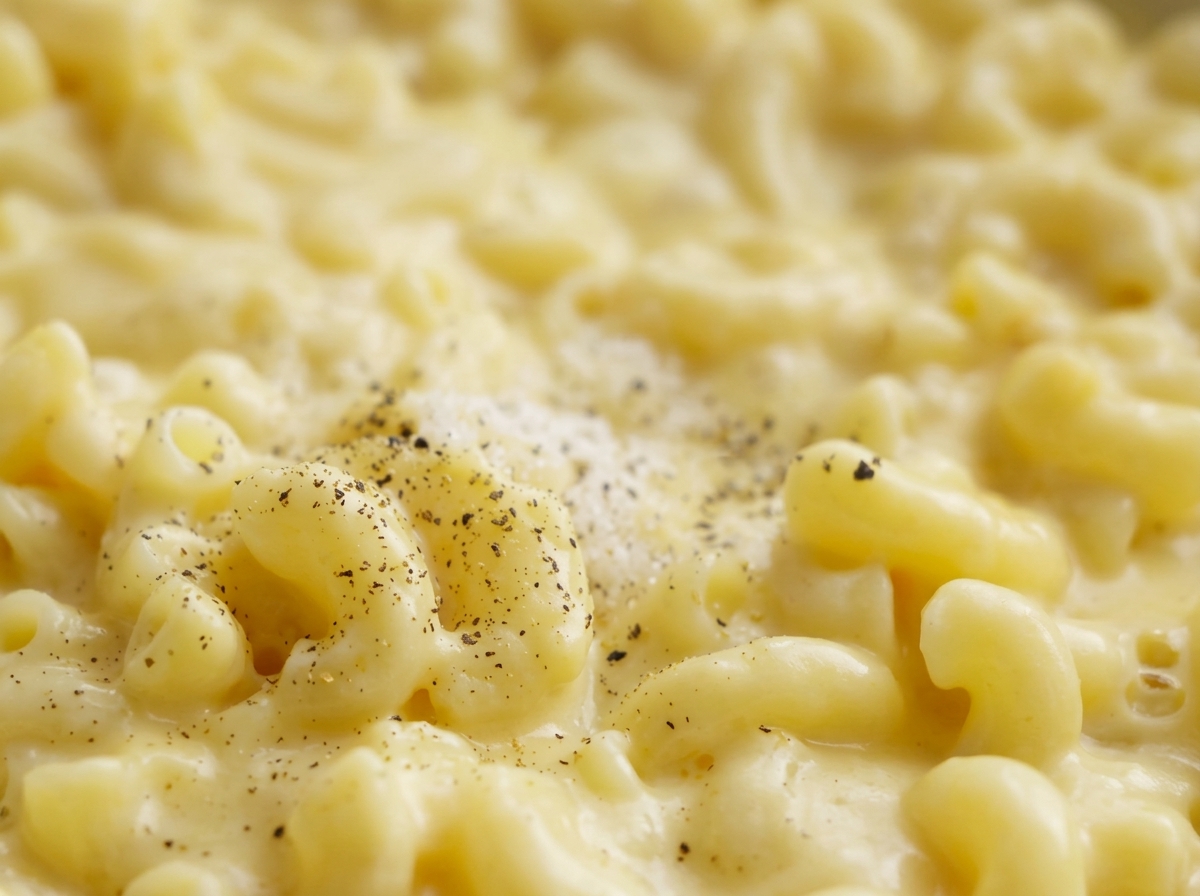 Nahaufnahme der Mac and Cheese mit sichtbarem schwarzen Pfeffer.