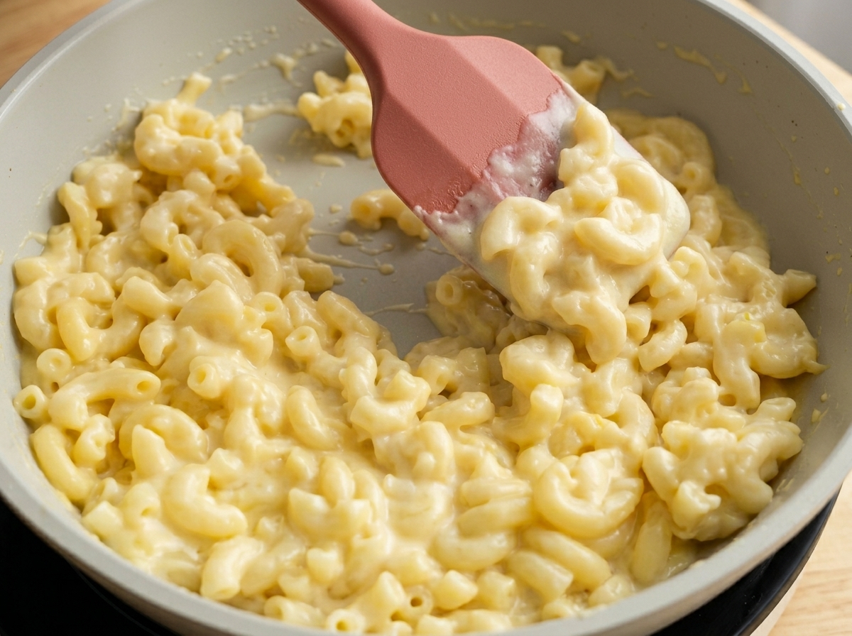 Ein Silikon-Spatel rührt die fertigen Mac and Cheese in der Pfanne um.