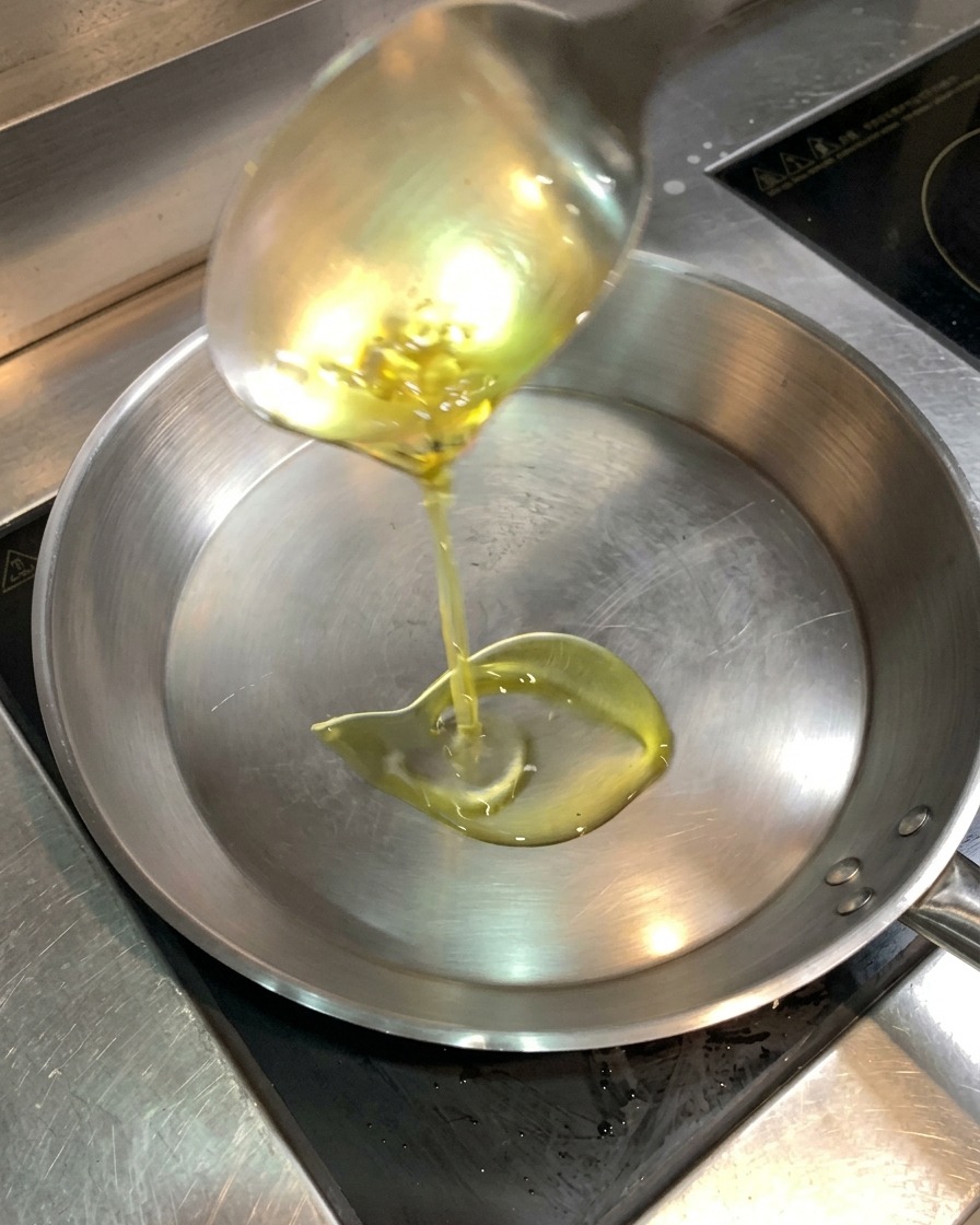Ein Schöpflöffel gießt klares Speiseöl in eine heiße Edelstahlpfanne.