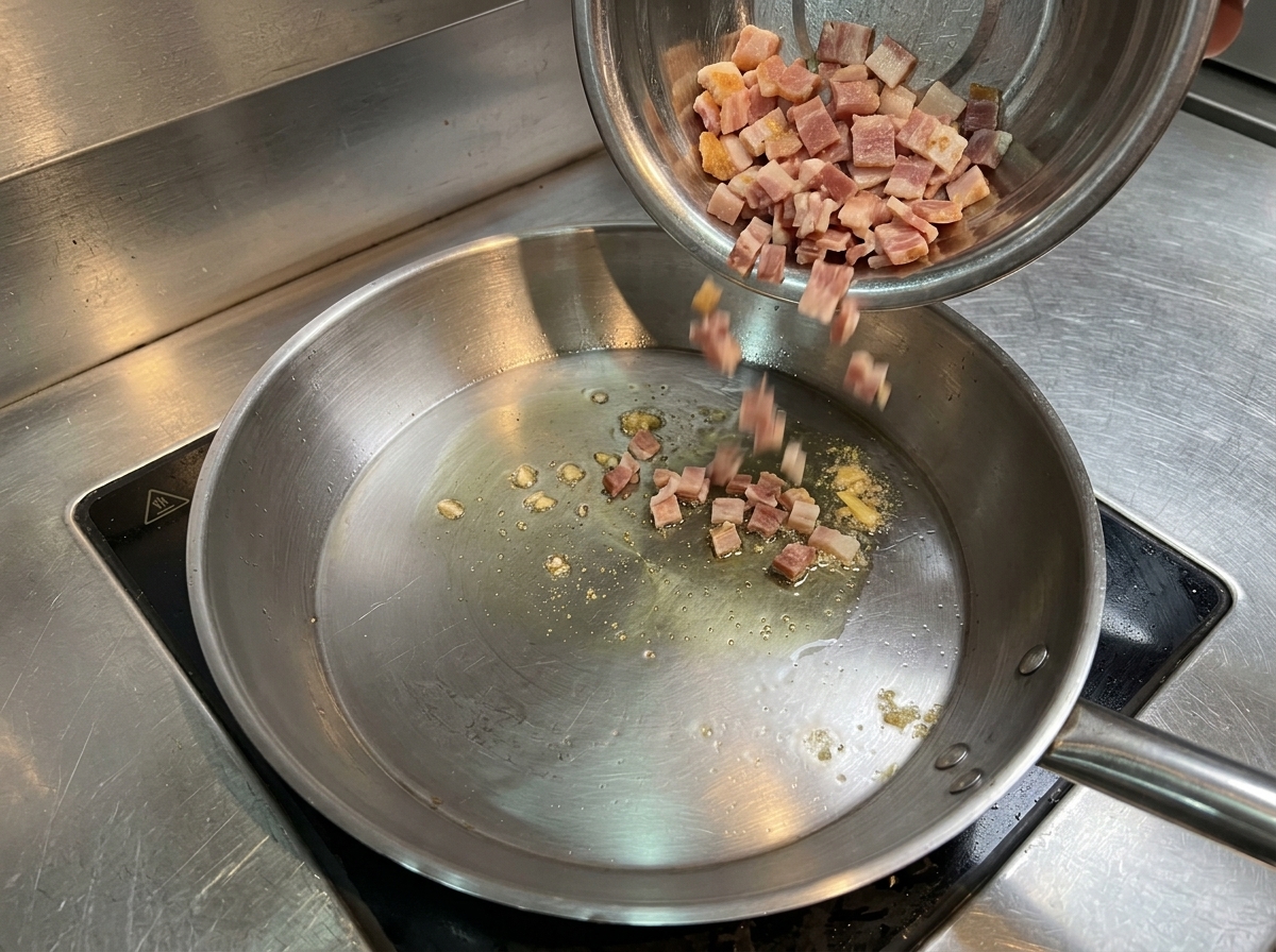 Rohe Speckwürfel werden aus einer Metallschüssel in eine heiße Pfanne mit Öl gegeben.