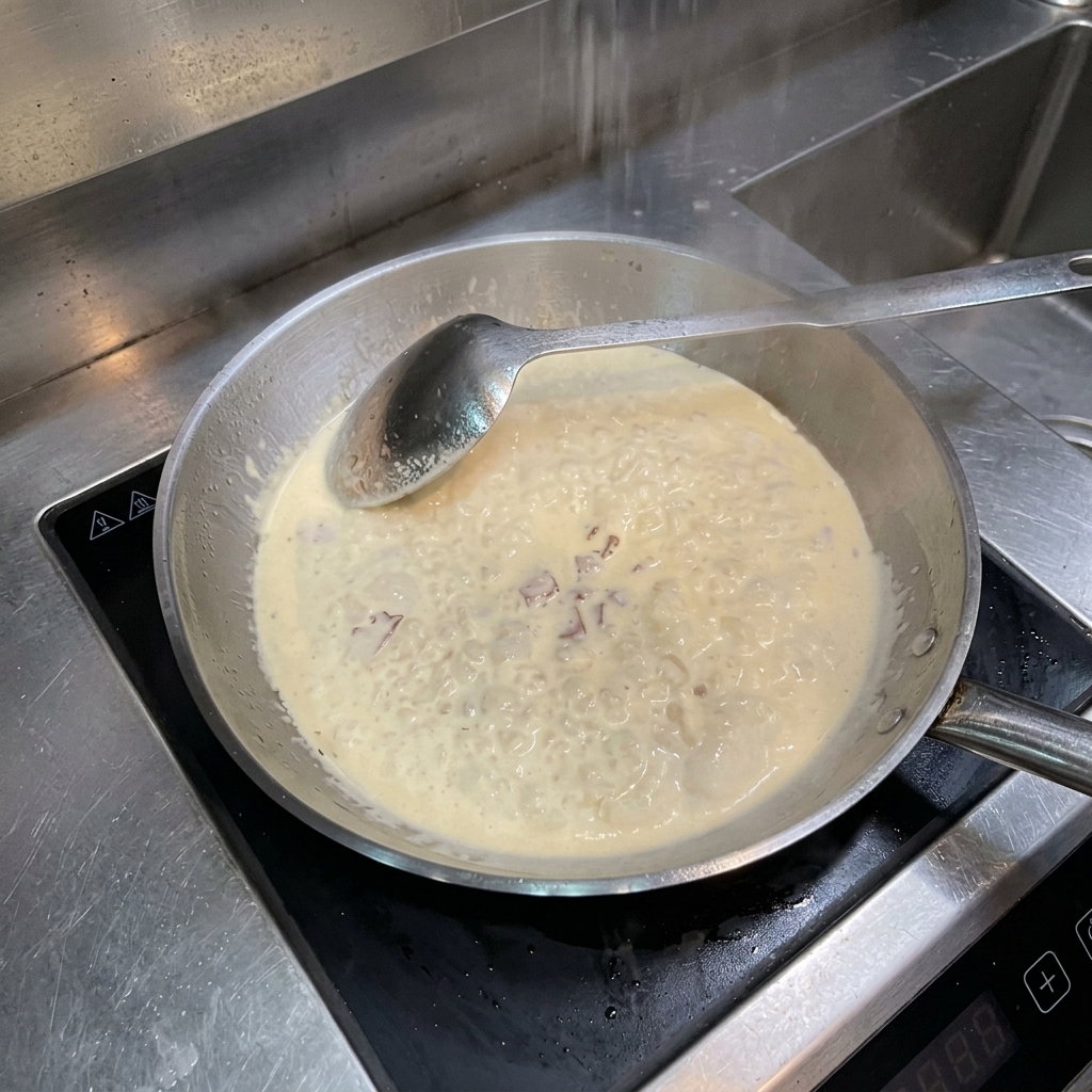 Salz wird in eine köchelnde Pfanne mit Sahne und Speck gestreut.