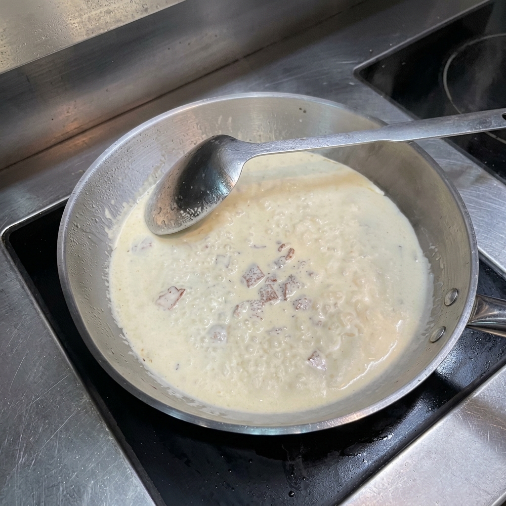 Eine Pfanne mit blubbernder Sahnesauce, Speck und schwarzen Pfefferkörnern.