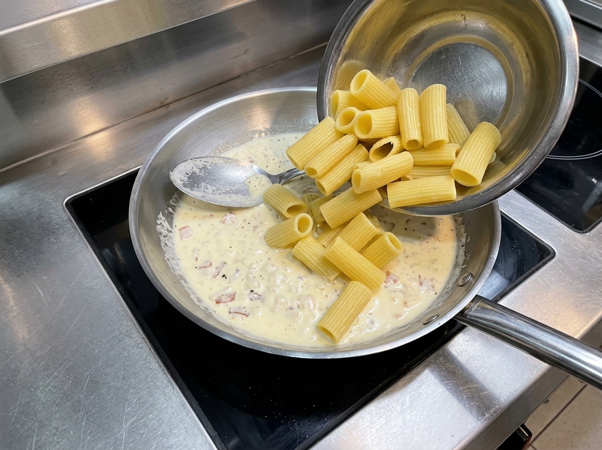 Vorgekochte Rigatoni werden aus einer Metallschüssel in die Pfanne mit Sahnesauce gegeben.
