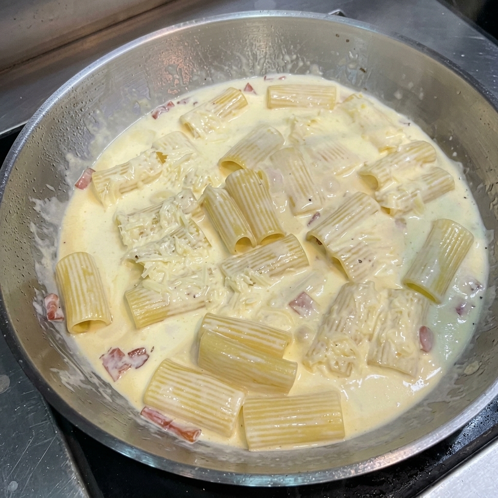 Ein Stück Butter schmilzt auf der cremigen Pasta in der Pfanne.